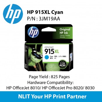 HP 915XL Cyan Original Ink Cartridge : 825 pgs : 3YM19AA
