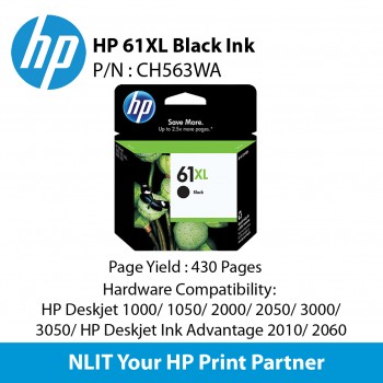 HP 61XL Black Ink Cartridge : 430 pgs : CH563WA