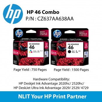 HP 46 Combo,  1 unit Black Ink Cartridge (CZ637AA) and 1 Tri Color CZ638AA)