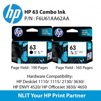 HP 63 Combo : 1 Black and 1 Color = Total 2 Cartrdiges