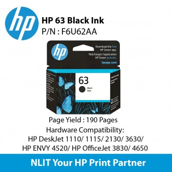 HP 63 Black Ink Cartridge : 190 pgs : F6U62AA