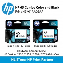 HP Original Cartridge : HP 65 Combo Color and Black (2 unit) : 100- 120pgs : N9K02AA - N9K02AA