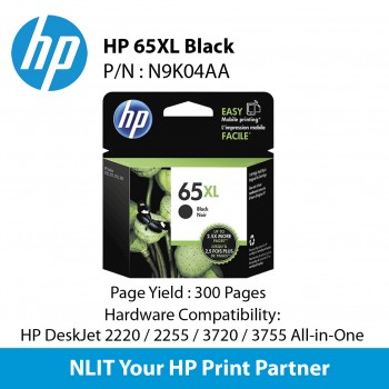 HP 65XL Black Original Ink Cartridge : 300 pgs : N9K04AA