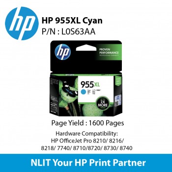 HP 955XL Cyan Original Ink Cartridge : 1,600pgs : L0R63AA