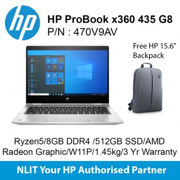 HP ProBook x360 435 G8 470V9AV Ryzen5/8GB/512GB/ W11P/1.45kg/3 Yr Warranty