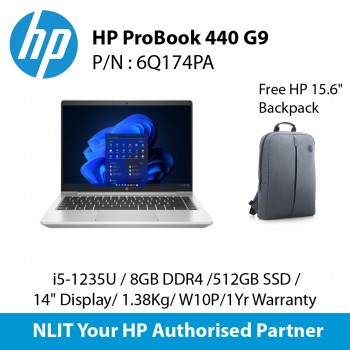 HP ProBook 440 G9 6Q174PA ( i5-1235U / 8GB DDR4 /512GB SSD / 14" Display/ 1.38Kg/ W10P/1Yr Warranty )