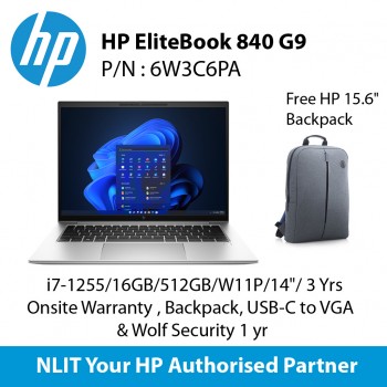 HP EliteBook 840 G9 i7-1255/16GB/512GB/W11P/14" / 3 Yrs Onsite Warranty , Backpack, USB-C to VGA & Wolf Security 1 yr SKU : 6W3C6PA