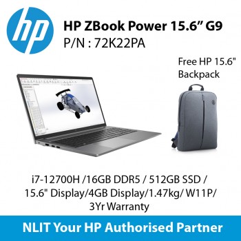 HP ZBook Power 15.6 Inch G9 72K2"2PA ( i7-12700H /16GB DDR5 / 512SSD / 15.6" Display/4GB Display/1.47kg/ W11P/3Yr Warranty )