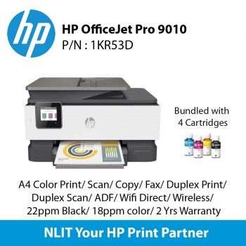 HP Officejet Pro 9010 Printer, A4 Color Print, Scan, Copy, Fax, Duplex Print, Duplex Scan, ADF, Wifi Direct, Wireless, 22ppm Black, 18ppm color,2 Yrs Warranty Bundled 4 Ink Cartridges