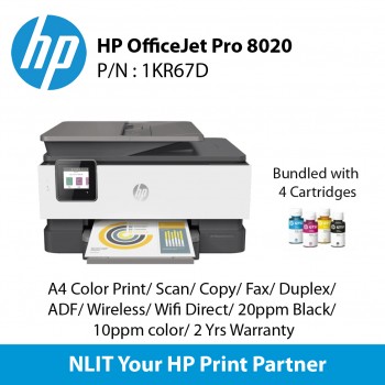 HP Officejet Pro 8020 Printer, A4 Color Print, Scan, Copy,  Fax, Duplex, ADF, Wireless, Wifi Direct  20ppm Black, 10ppm color, 2 Yrs Warranty Bundled 4 Ink Cartridges
