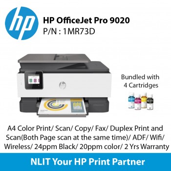 HP Officejet Pro 9020 Printer, A4 Color Print, Scan, Copy,  Fax, Duplex Print, Duplex Scan (Both Page scan  at the same time), ADF, Wifi Direct, Wireless, 24ppm Black, 20ppm color, 2 Yrs Warranty Bundled 4 ink Cartridges