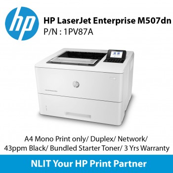 HP LaserJet Enterprise M507dn, A4 Mono Print only, Duplex, Network, 43ppm Black, 3 Yrs Warranty, Bundled Starter Toner