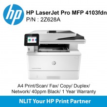 HP LaserJet Pro MFP 4103fdn Printer A4 Print/Scan/ Fax/ Copy/ Duplex/ Network/ 40ppm Black/ 1 Year Warranty (2Z628A)