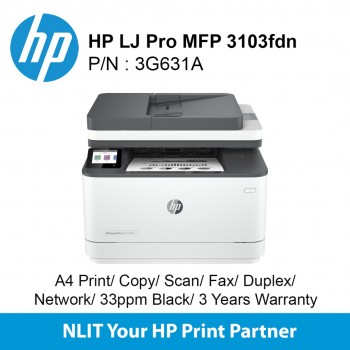 HP LaserJet Pro MFP 3103fdn Printer (3G631A) A4 Print, copy, scan, fax,  Duplex, Network, 33ppm Black, 3 Years Warranty