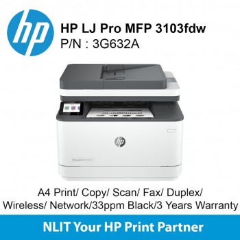 HP LaserJet Pro MFP 3103fdw Printer (3G632A) A4 Print, copy, scan, fax,  Duplex, Network, Wireless 33ppm Black, 3 Years Warranty