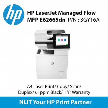 HP LaserJet Managed Flow MFP E62665h (3GY16A),Print , Scan, Copy, Up to 61ppm, Duplex, 1 Yr NBD Onsite Warranty