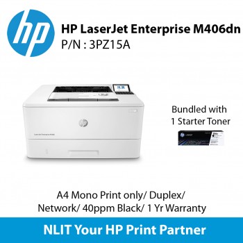HP LaserJet Enterprise M406dn (3PZ15A) A4 Mono Print only,  Duplex, Network, 40ppm Black, 1 Yr Warranty, Bundled 1 Starter Toner