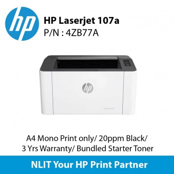 HP Laser 107a (4ZB77A) A4 Mono Print only, Up to 20ppm, USB, 3 Years Warranty