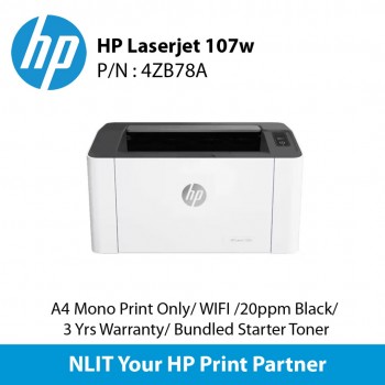 HP Laser 107w (4ZB78A)  A4 Mono Print Only , Up to 20ppm, USB, Wireless, 3 Years Warranty