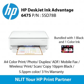 HP DeskJet Ink Advantage 6475 Printer : A4 Color Print, Photo, Duplex, ADF, Mobile Fax, Wireless, Print, Scan, Copy 10ppm Black, 5.5ppm color, 2 Yrs Warranty Include 1 Black and 1 color Ink
