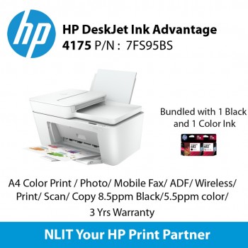 HP DeskJet Plus Ink Advantage 4175/4176 Printer : A4 Color Print , Photo, Mobile Fax,  ADF, Wireless, Print, Scan, Copy 8.5ppm Black, 5.5ppm color, 2 Yrs Warranty Include 1 Black and 1 color Ink