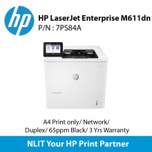 HP LaserJet Enterprise M611DN, A4 Print only, Network, Duplex,  65ppm Black, 3 Yrs Warranty