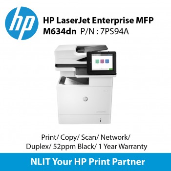 HP LaserJet Enterprise MFP M634dn Printer (7PS94A) Print, copy, scan, Up to 52 ppm, Duplex, Network, 1 year