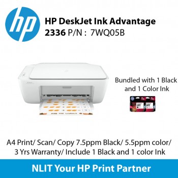 HP DeskJet Ink Advantage 2336  Printer : A4 Print, Scan, Copy 7.5ppm Black, 5.5ppm color, 3 Yrs Warranty,  Include 1 Black and 1 color Ink