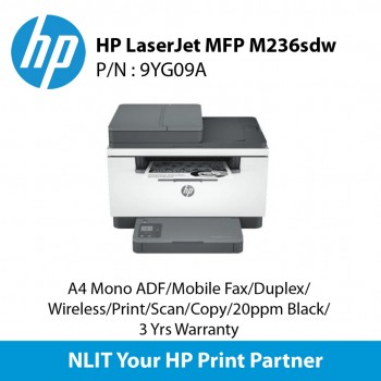 HP LaserJet MFP M236sdw (9YG09A) A4 Mono Print , Scan, Copy,  ADF, Mobile Fax, Duplex, Wireless, 29ppm Black, 3 Yrs Warranty