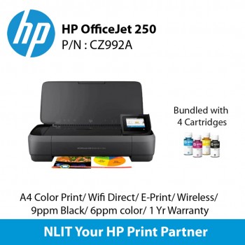 HP OfficeJet 250 AiO Mobile Printer, A4 Color Print, Scan, Copy,  Wifi Direct, Wireless, 9ppm Black, 6ppm color, 1 Yr Warranty Bundled 4 Cartridges