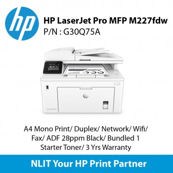 HP LaserJet Pro MFP 227fdw A4 Mono Print, Duplex, Network,  Wifi, Fax, ADF 28ppm Black, Bundled 1 Starter Toner, 3 Yrs Warranty  Stock in End  July 