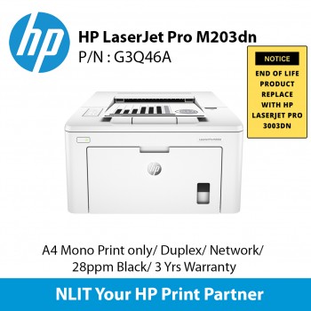 HP LaserJet Pro M203dn, A4 Mono Print only,  Duplex, Network, 28ppm Black, 3 Yrs Warranty  - EOL Nov '22