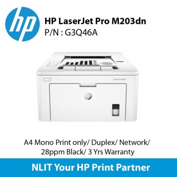 HP LaserJet Pro M203dn, A4 Mono Print only,  Duplex, Network, 28ppm Black, 3 Yrs Warranty