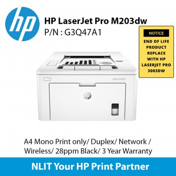 HP LaserJet Pro M203dw A4 Mono Print only, Duplex, Network,  Wireless, 28ppm Black, 3 Year Warranty  - EOL Nov '22