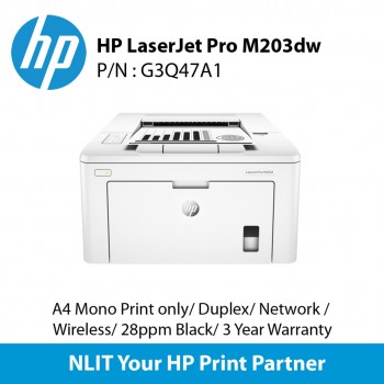 HP LaserJet Pro M203dw A4 Mono Print only, Duplex, Network,  Wireless, 28ppm Black, 3 Year Warranty 