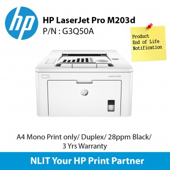 HP LaserJet Pro M203d, A4 Mono Print only,  Duplex,  28ppm Black, 3 Yrs Warranty - EOL Nov '22