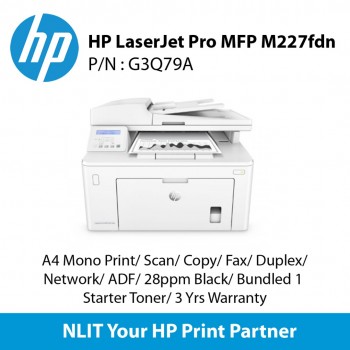 HP LaserJet Pro MFP M227fdn (G3Q79A) A4 Mono Print, Scan, Copy, Fax, Duplex, Network, ADF, 28ppm Black, 3 Yrs Warranty