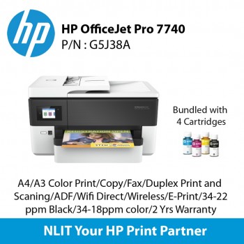 HP OfficeJet Pro 7740,  A4/A3 Color Print, A4/A3 Color Scan, Copy, Fax, Duplex Print, Duplex Scaning, ADF, Wifi Direct, Wireless, E-Print, 34-22ppm Black, 34-18ppm color, 2 Yrs Warranty Bundled 4 Cartrudges