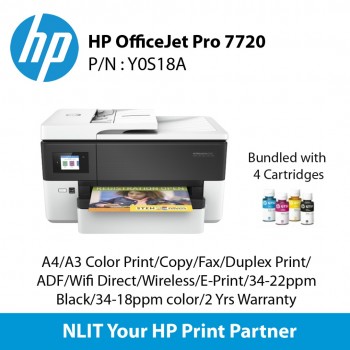 HP OfficeJet Pro 7720,  A4/A3 Color Print, A4 Color Scan, Copy, Fax, Duplex Print, ADF, Wifi Direct, Wireless, E-Print, 34-22ppm Black, 34-18ppm color, 2 Yrs Warranty Bundled 4 Cartrudges
