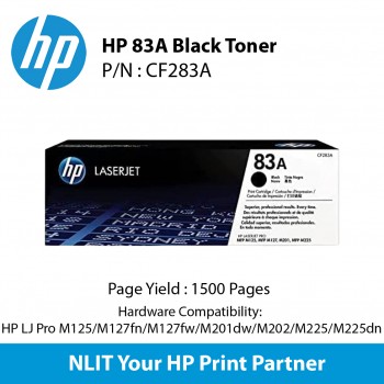 HP Original Toner : HP 83A Black : Std : 1,500pgs : CF283A :  2 Years Direct HP Warranty