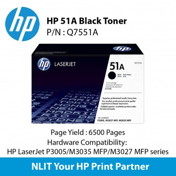 HP Original Toner : HP 51A  Black : Std : 6,500pgs : Q7551A : 2 Years Direct HP Warranty