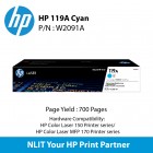 HP Original Toner : HP 119A Cyan Original Laser Toner Crtg : 700pgs : W2091A : 2 Yrs Warranty