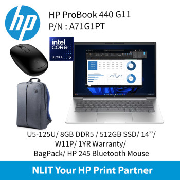 HP ProBook 440 G11 U5-125U / 8GB DDR5 / 512GB SSD / 14" / 1 Yr On-Site Includes Bluetooth Mouse & Bag Pack