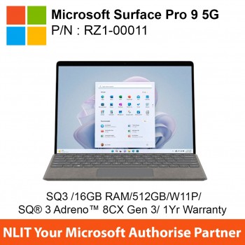 Microsoft Surface Pro 9 5G Platinum RZ1-00011 (SQ3 /16GB RAM/512GB/Microsoft SQ® 3 Adreno™ 8CX Gen 3/Win 11 Pro/1Yr Warranty)