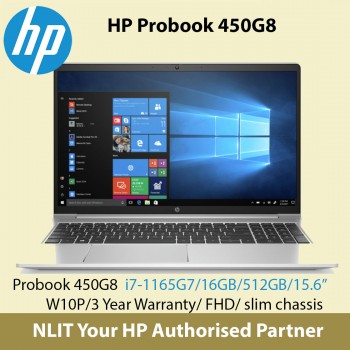 HP Probook 450 G8   (i7-1165G7 / 16GB DDR4 / 512GB SSD / 15.6" Display/ 1.38Kg/ W10P/3Yr Warranty ) BackPack  