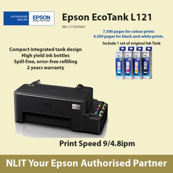 Epson EcoTank L121  - A4  Color Print Only -  9ppm Black, 4.8ppm - Color, 2 Years Warranty, Bundled 4 bottles Original Ink 