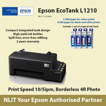 Epson EcoTank L1210 , A4, Color Print only, Borderless, Photo, 10ppm black, 5ppm color , 2 Yrs Warranty, Bundled 4 bottles original Epson Ink 