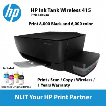 HP Ink Tank 415, A4 Color Ptint, Wireless, Scan, Copy, 8ppm black, 5 ppm Color, 2 Years Warranty, Bundled with 4 bottles Ink included 4 bottles of Ink
